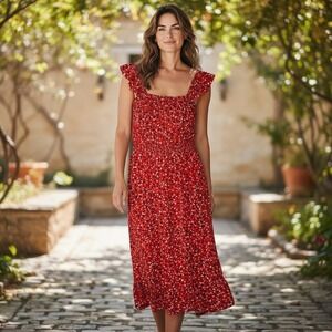 Who What Wear‎ Red Floral Midi Dress Smocked Ruffle Sleeveless Boho Size Small